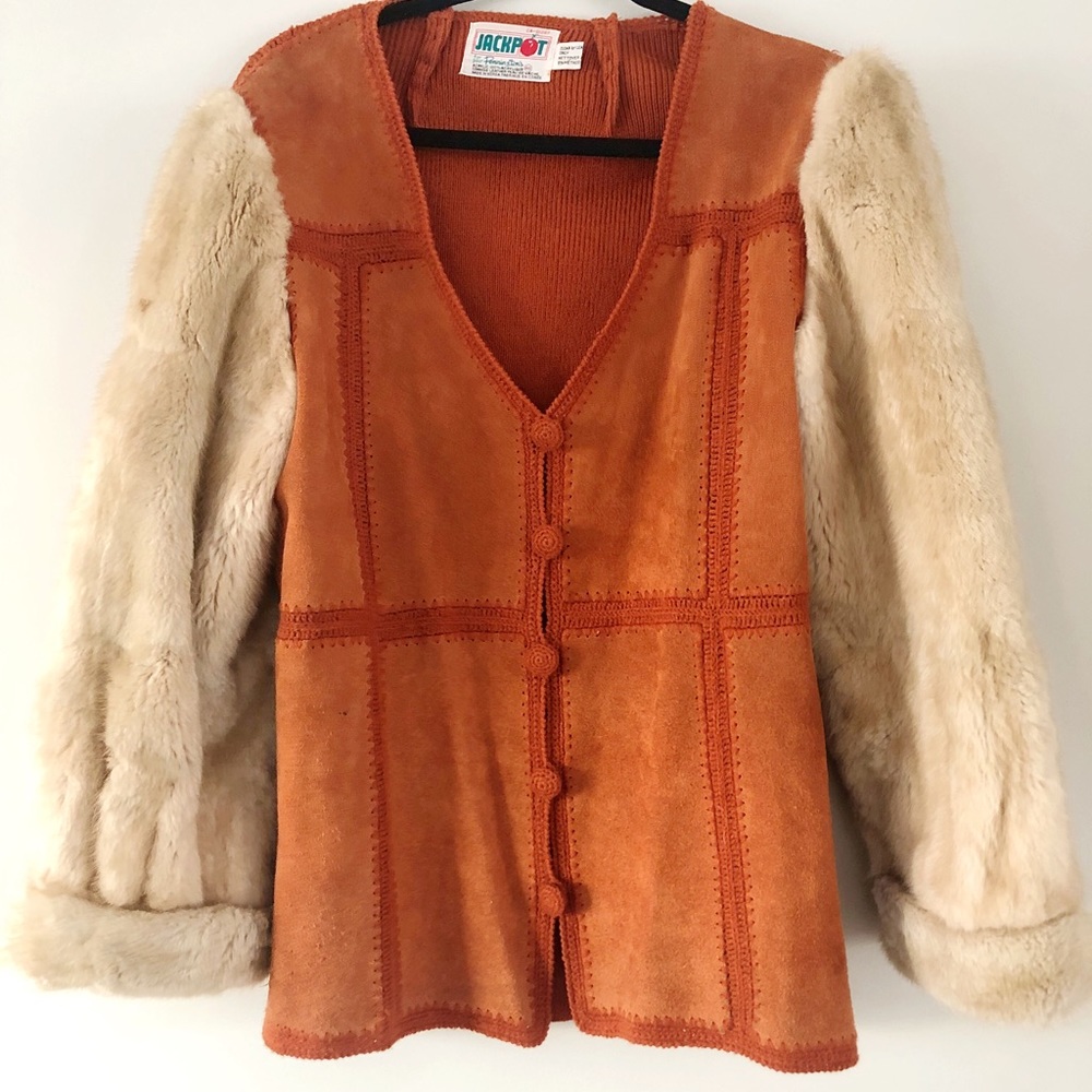 Rare 70s Vintage Boho Plus size Suede Crochet Fur Jacket - Picture 3 of 17